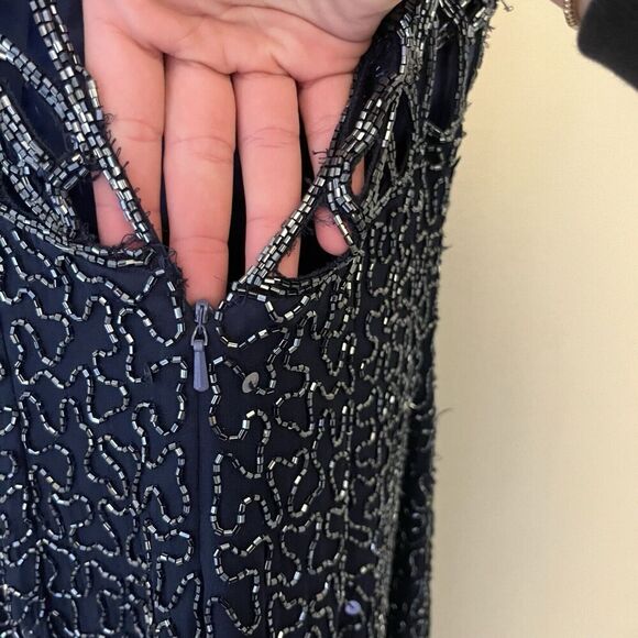 Scala Navy Blue Sleeveless Beaded Gown Maxi Long L Silk Women’s Formal Wedding - Picture 14 of 16